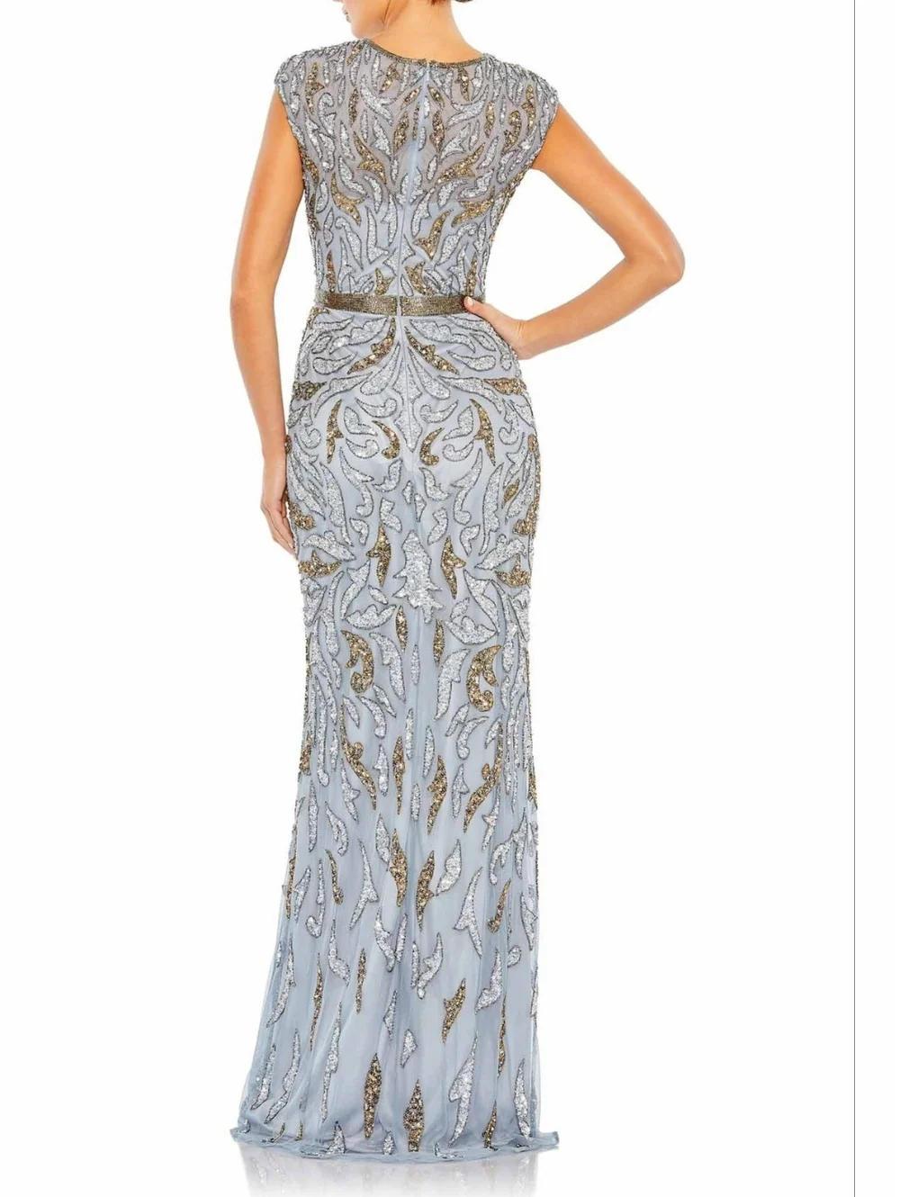 New Mac Duggal Silver-Gray Sequin Embellished Evening Gown with Gold Accents 10 - Picture 3 of 13